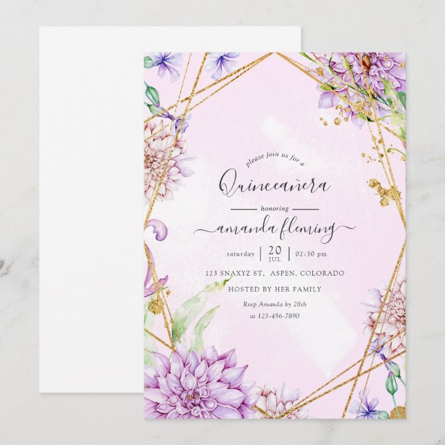 Convites Roxo e Dourado Floral Geométrico Quinceañera (Frente/Verso)