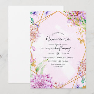 Convites Roxo e Dourado Floral Geométrico Quinceañera