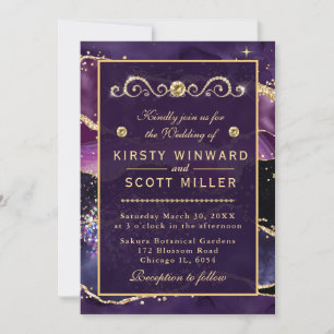Convites Roxo e Dourado Mármore Ágata Casamento com Brilho