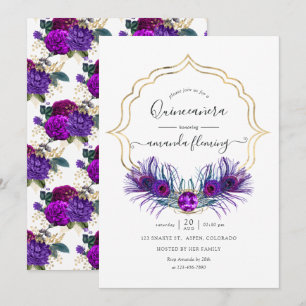 Convites Roxo e Dourado Peacock Floral Vintage Quinceañera