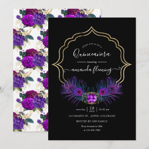 Convites Roxo e Dourado Peacock Floral Vintage Quinceañera