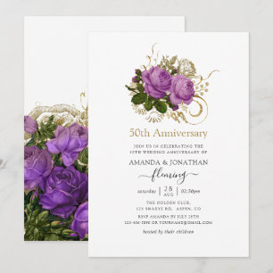 Convites Roxo e Dourado Vintage 50º Aniversário de Casament