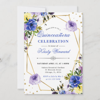 Convites Roxo e Flores de Creme e Moldura Quinceanera