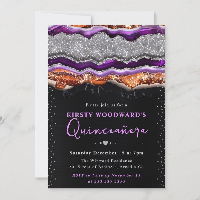 Convites Roxo e Laranja Halloween Ágata Quinceanera (Frente)