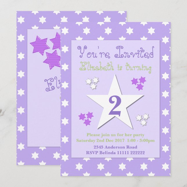 Convites Roxo e lilás com festa de aniversário de estrelas (Frente/Verso)