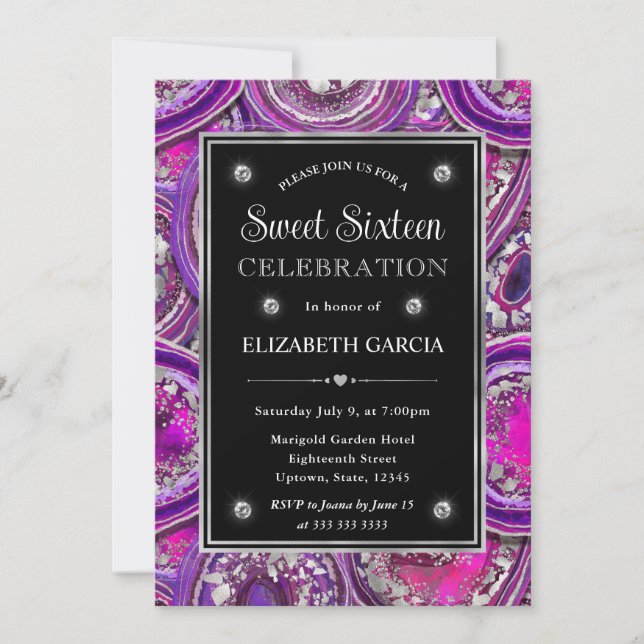 Convites Roxo e Moldura de Ágata Geodo Prata Sweet 16 (Frente)