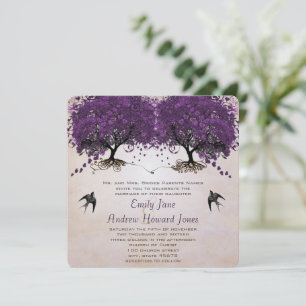 Convites Roxo e Pêssego Vintage Árvore de Folhas em Coração