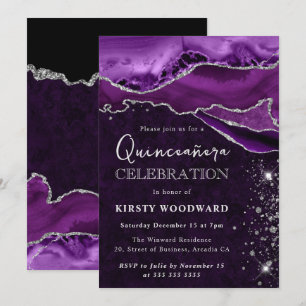 Convites Roxo e Prata Brilho Ágata Quinceanera