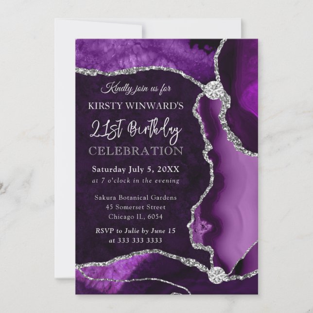 Convites Roxo e Prata Falso Brilho Ágata Aniversário (Frente)