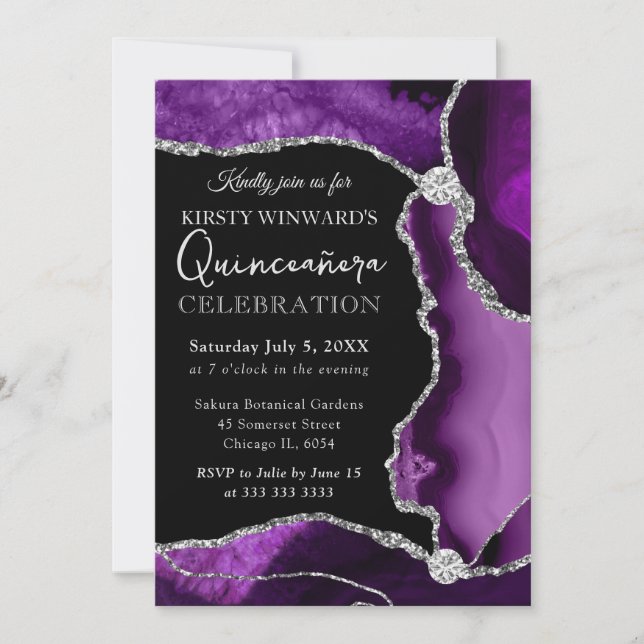 Convites Roxo e Prata Falso Brilho Ágata Quinceanera (Frente)