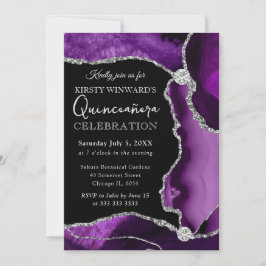 Convites Roxo e Prata Falso Brilho Ágata Quinceanera