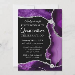 Convites Roxo e Prata Falso Brilho Ágata Quinceanera