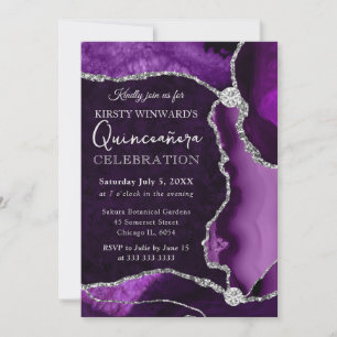 Convites Roxo e Prata Falso Brilho Ágata Quinceanera