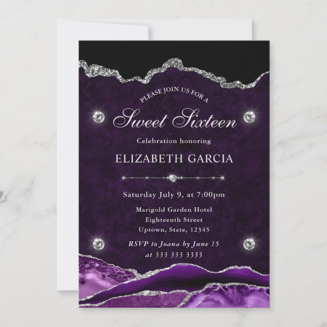 Convites Roxo e Prata Glitter Agate Sweet Sixteen (Frente)