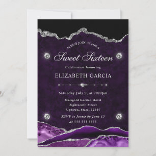 Convites Roxo e Prata Glitter Agate Sweet Sixteen
