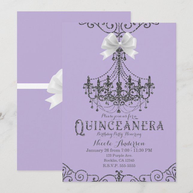 Convites Roxo e Prata Laço Branco Quinceañera 15 15 Anos (Frente/Verso)