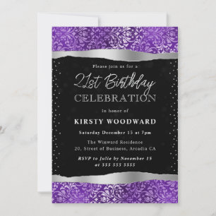 Convites Roxo e Preto Damask Brilho Aniversário de 21 anos