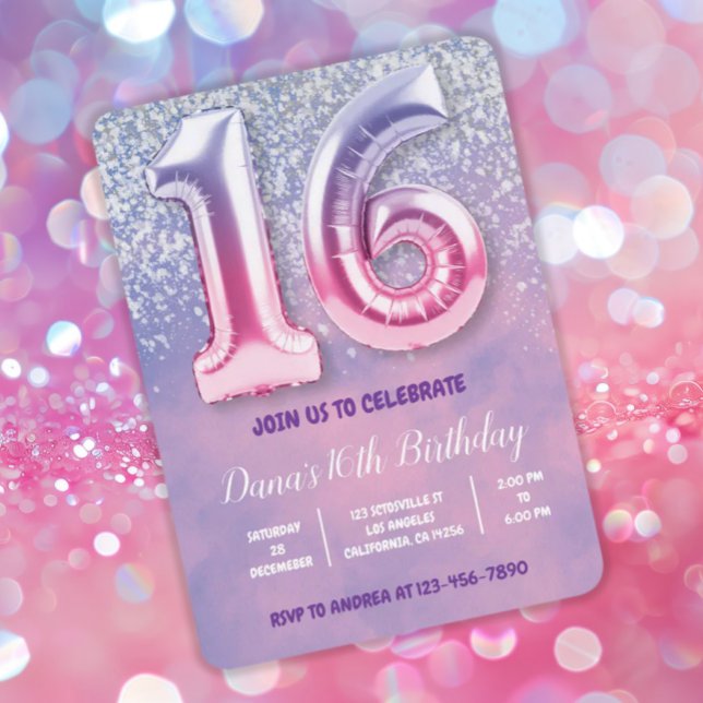 Convites Roxo e Rosa 16º Balão de Aniversário (Criador carregado)