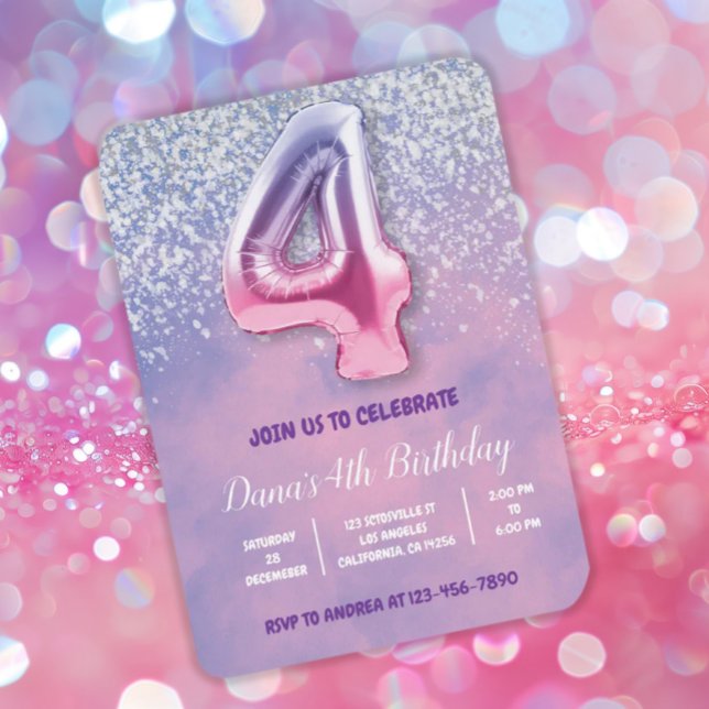 Convites Roxo e Rosa 4º Balão de Aniversário (Criador carregado)
