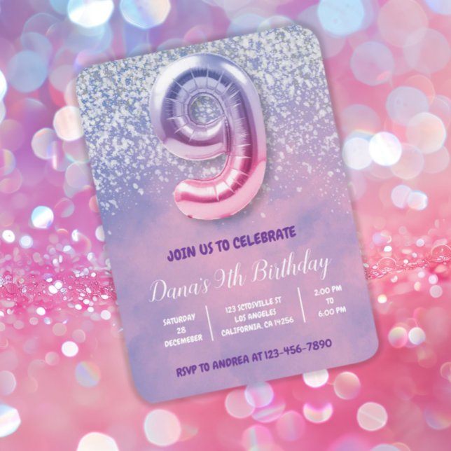 Convites Roxo e Rosa 9º Balão de Aniversário (Criador carregado)