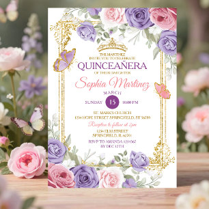 Convites Roxo E Rosa Floral Coroa Dourada Menina Quinceañer
