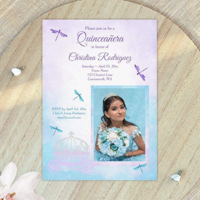 Convites Roxo e Turquesa, Libélulas Quinceañera (light purple quinceanera invitations)
