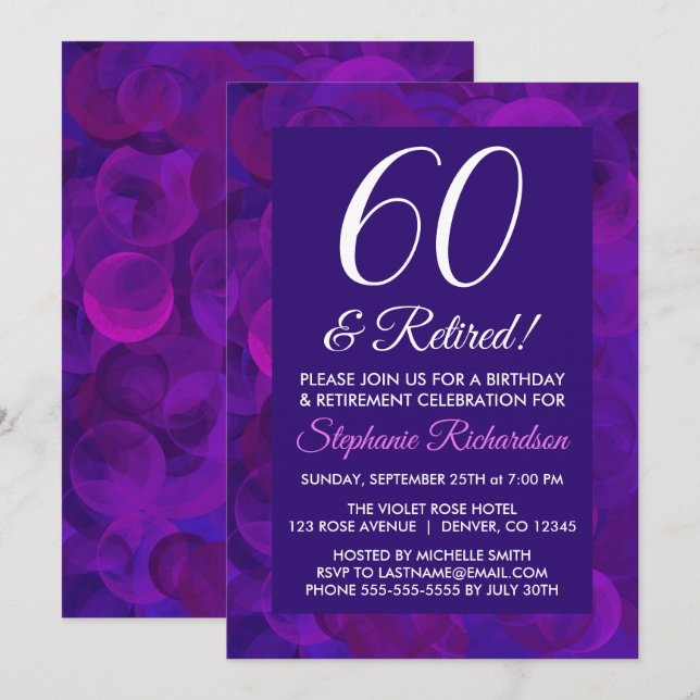 Convites Roxo Elegante 60 e Festa de Aposentadoria Aposenta (Frente/Verso)