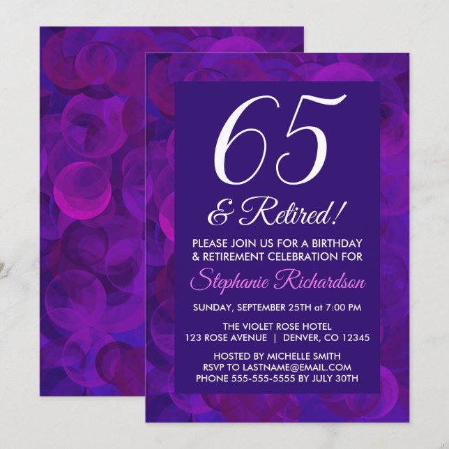 Convites Roxo Elegante 65 e Festa de Aposentadoria do Apose (Frente/Verso)