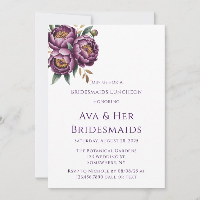 Convites Roxo Elegante Bridesmaids Luncheon (Frente)