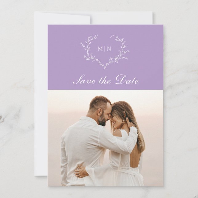 Convites Roxo Elegante com Monograma Save the Date com Foto (Frente)