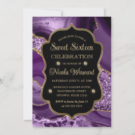 Convites Roxo Elegante e Agitador Dourado Doce Dezesseis