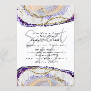 Convites Roxo Elegante e Dourada Marble 16ª Festa de aniver