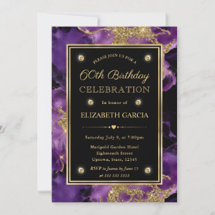 Convites Roxo Elegante e Dourada Tinta Brilhante 60º aniver