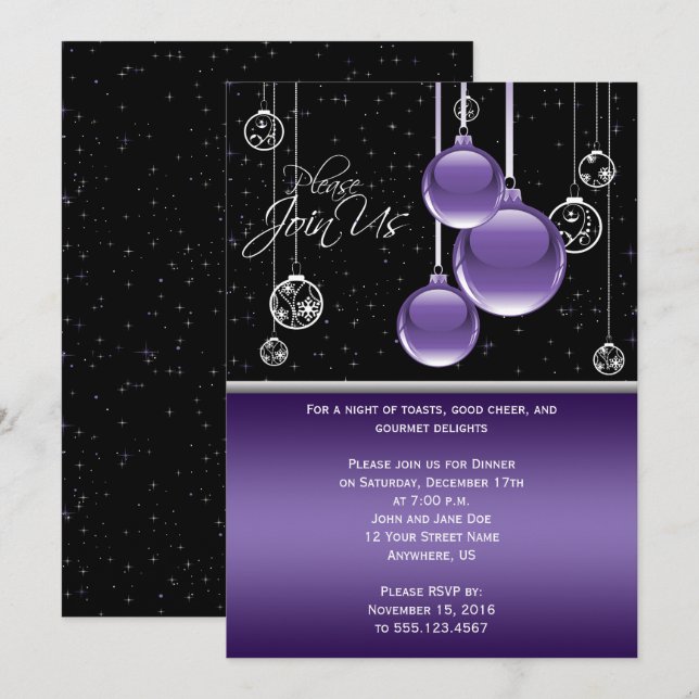 Convites Roxo Elegante e Prata no Partido Negro (Frente/Verso)