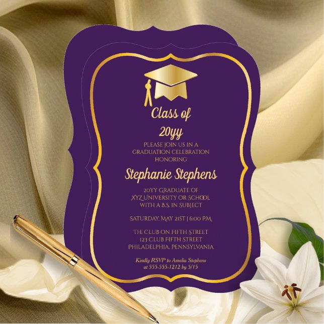 Convites Roxo Elegante | FESTA DE FORMATURA DOURADA (Elegant Purple and Faux Gold Cap Graduation Party Invitation - Bracket Style (Print and/or Download))