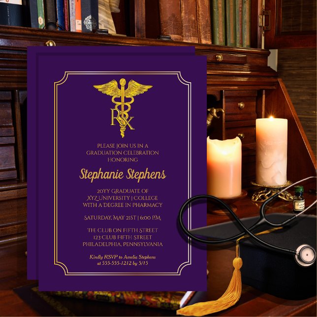 Convites Roxo Elegante | Festa de formatura Rx Farmácia Dou (Elegant Purple and Gold Tone Rx Pharmacy Pharmacist Graduation Announcement | Party Invitation)