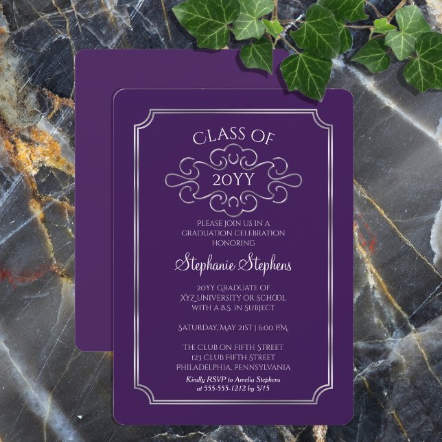 Convites Roxo Elegante | Formandos de prata (Elegant Purple and Silver Tone College or University Graduation Announcement and Party Invitation)