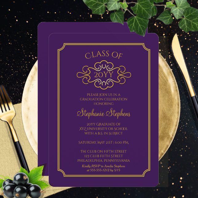 Convites Roxo Elegante | Parte Formandos Dourada (Elegant Purple | Gold Tone College University Graduation Announcement Party Invitation Print Digital)