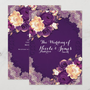 Convites Roxo Elegante Renda Floral País Casamento