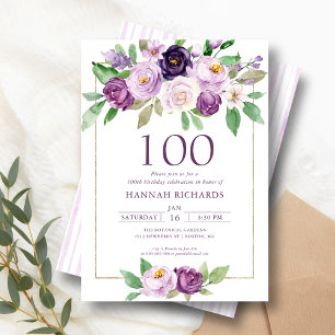 Convites Roxo Elegante   Violet Floral 100º Aniversário