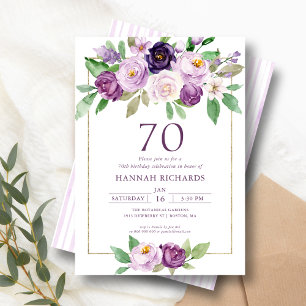 Convites Roxo Elegante   Violet Floral 70 Birthday