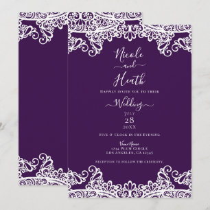 Convites Roxo Escuro Ameixa e Renda Branca Casamento Elegan