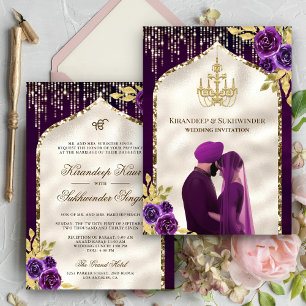 Convites Roxo Escuro Dourado Floral Anand Karaj Casamento S