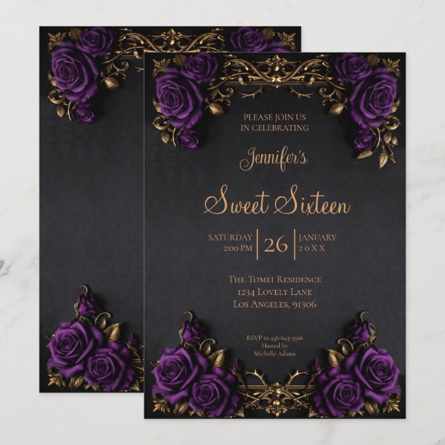 Convites Roxo Escuro floral Gótico Sweet 16 (Frente/Verso)