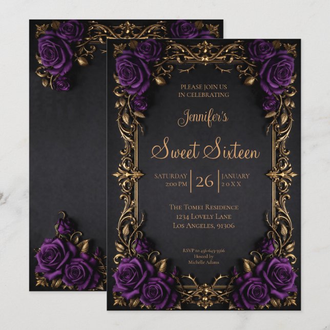 Convites Roxo Escuro floral Gótico Sweet 16 (Frente/Verso)