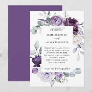 Convites Roxo Escuro, Lavanda, Casamento Floral Branco
