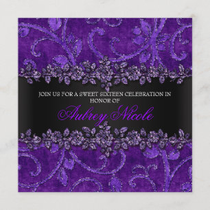 Convites Roxo Falso Brilho & Floral de Veludo Sweet Sixteen