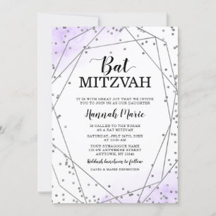 Convites Roxo Faux Silver Glitter Geométrico Bat Mitzvah