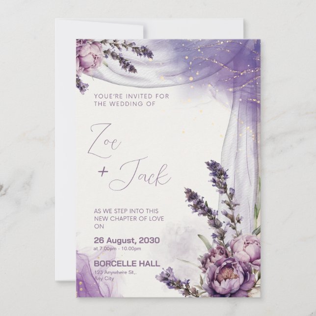 Convites Roxo Flor de Lavanda Branca Design Elegante (Frente)
