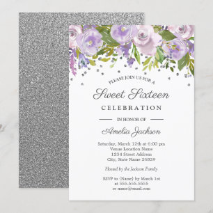 Convites Roxo Floral Aquarela Sweet Sixteen